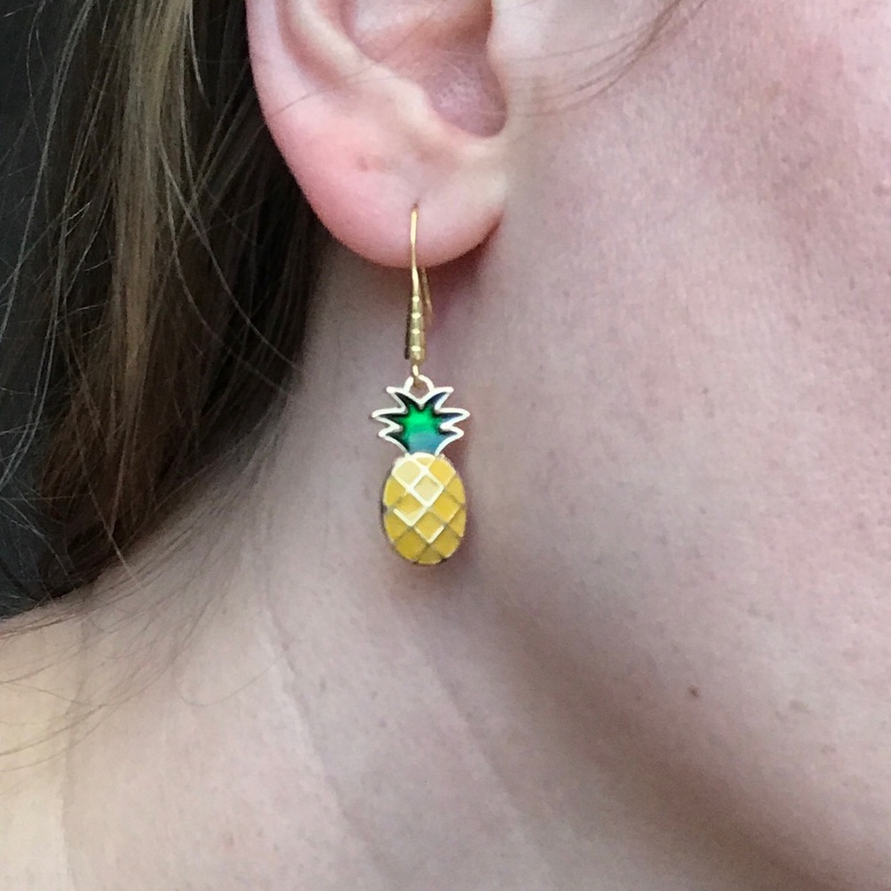 Pineapple Enamel Earrings Dangle Drop Gold Green - Picture 7 of 7